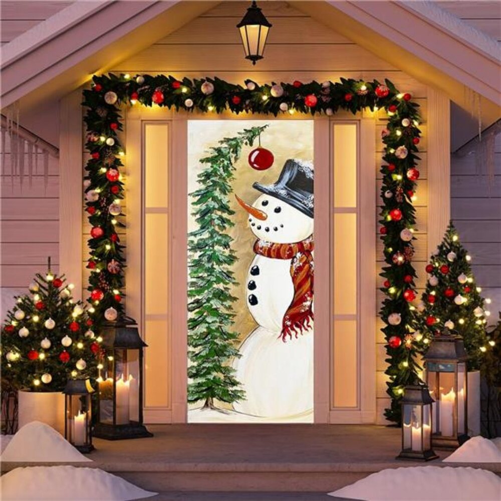 Christmas Decorations Snowman Door Cover Christmas Tree Snowman Door Decor
